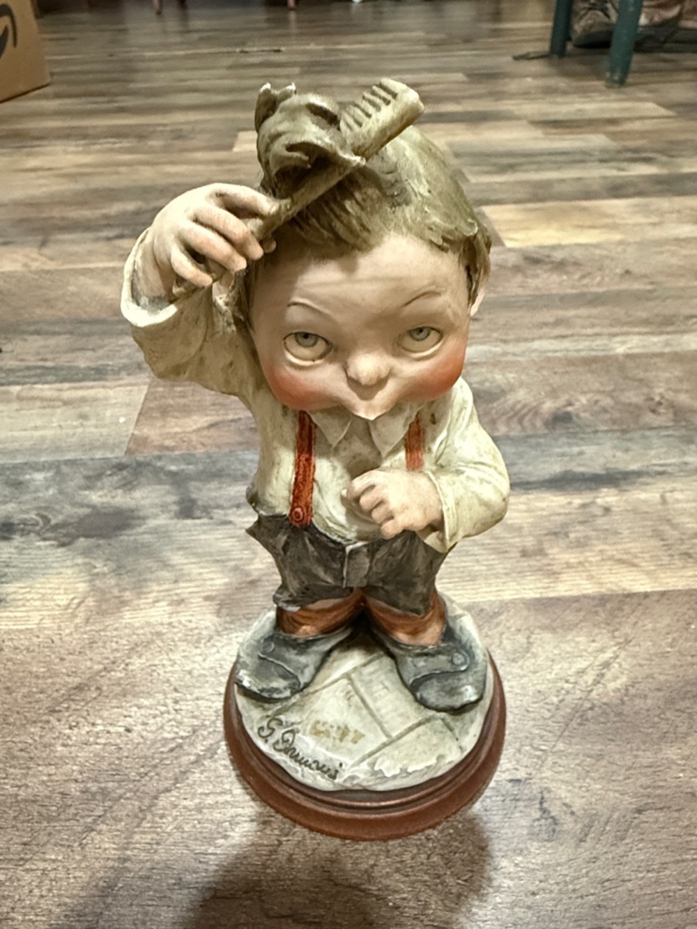 Hand-Painted Boy Figurine Sculpture in Beige and Brown